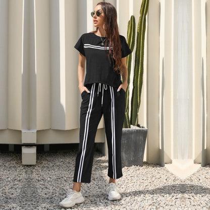 Damen Sportset Gestreiftes Oberteil Bequeme Hose