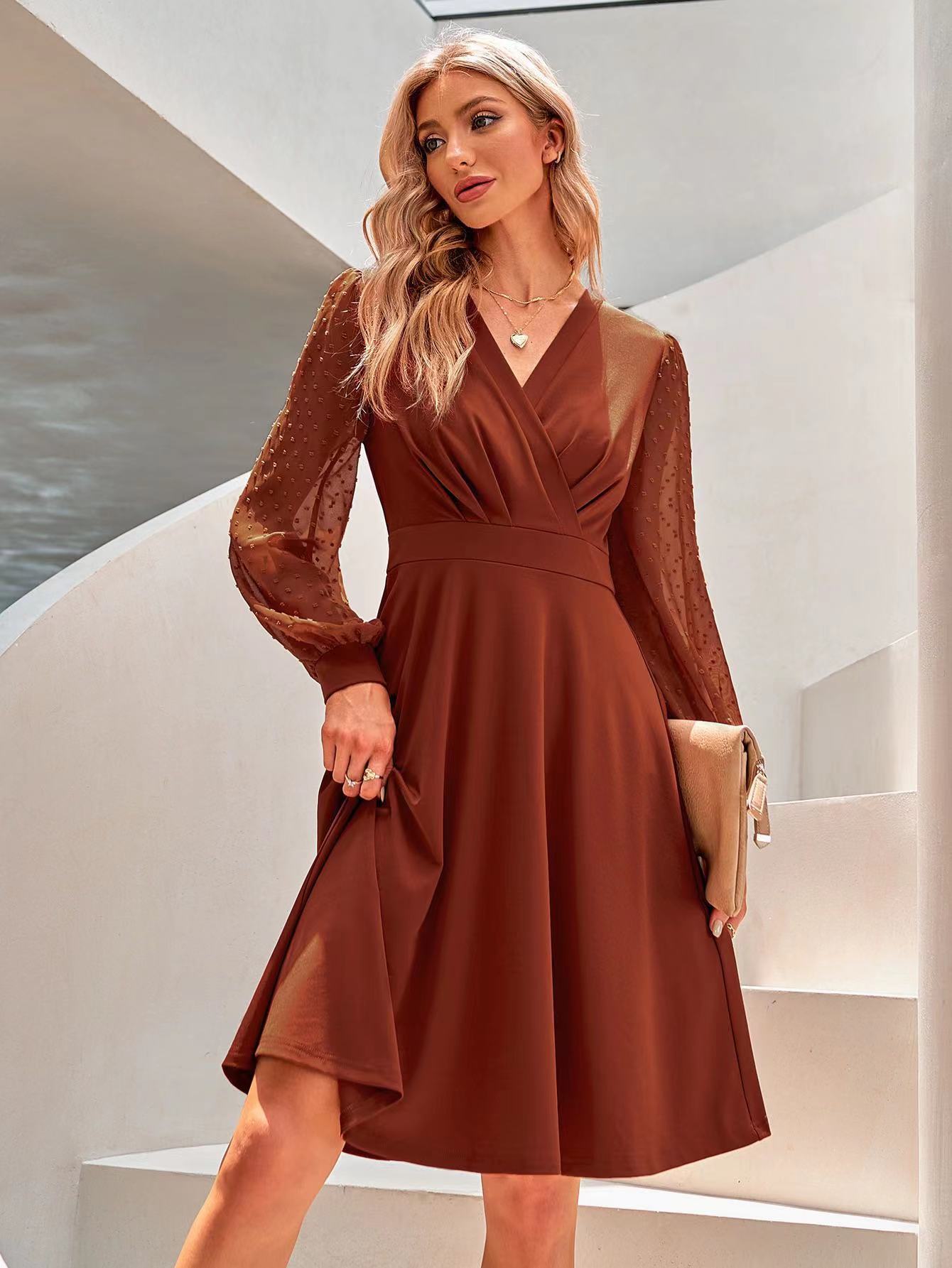 Damen Wickelkleid Puffärmel Transparent Saum Norvielle