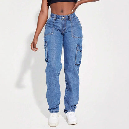 Damen Cargo Jeans Elastischer Bund Praktische Seitentaschen Blau - Norvielle