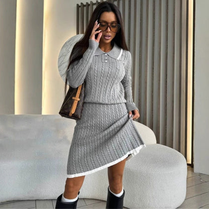 Damen Strickkleid Polo-Kragen Zopfmuster Norvielle - Norvielle