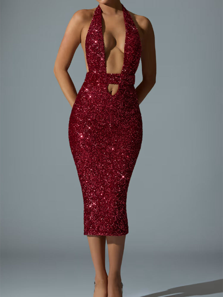 Damen Pailletten-Midi-Kleid V-Ausschnitt Figurbetonter Schnitt