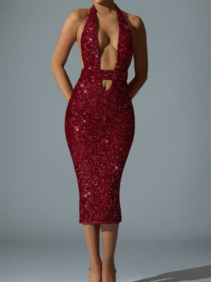 Damen Pailletten-Midi-Kleid V-Ausschnitt Figurbetonter Schnitt