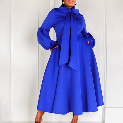Damen Midi-Kleid Längere Puffärmel Elegante Schleife - Norvielle