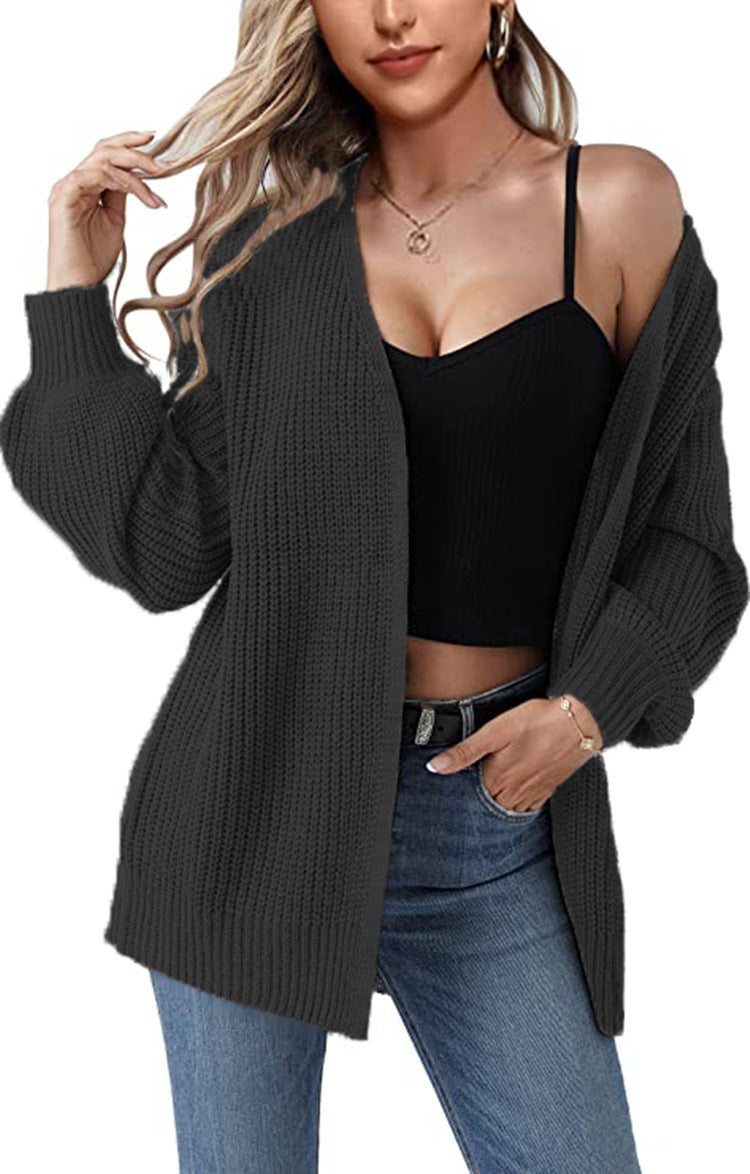 Damen Grobstrick Cardigan Lässig Offene Maschen Beige