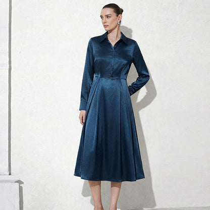 Damen Hemdblusenkleid Seide Glänzend Midi