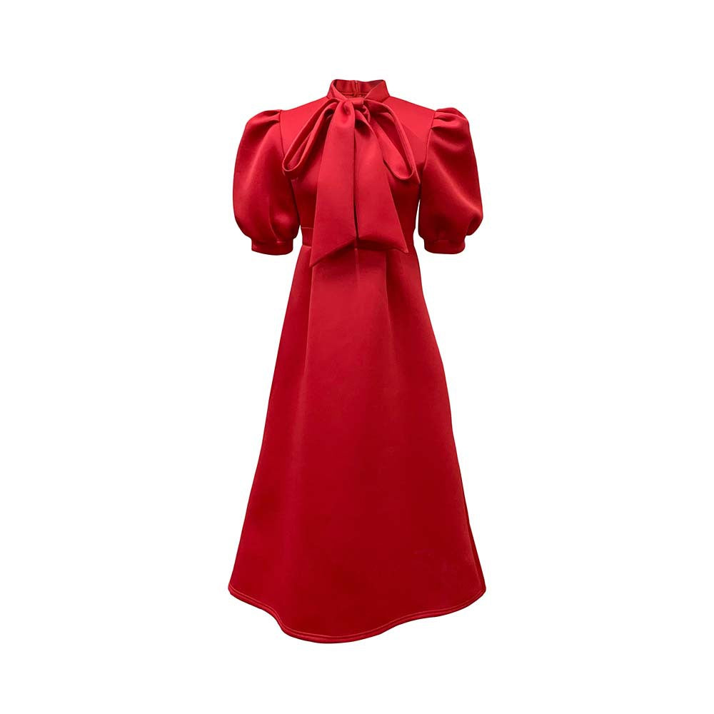 Damen Elegantes Midi-Kleid Puffärmel Bindegürtel