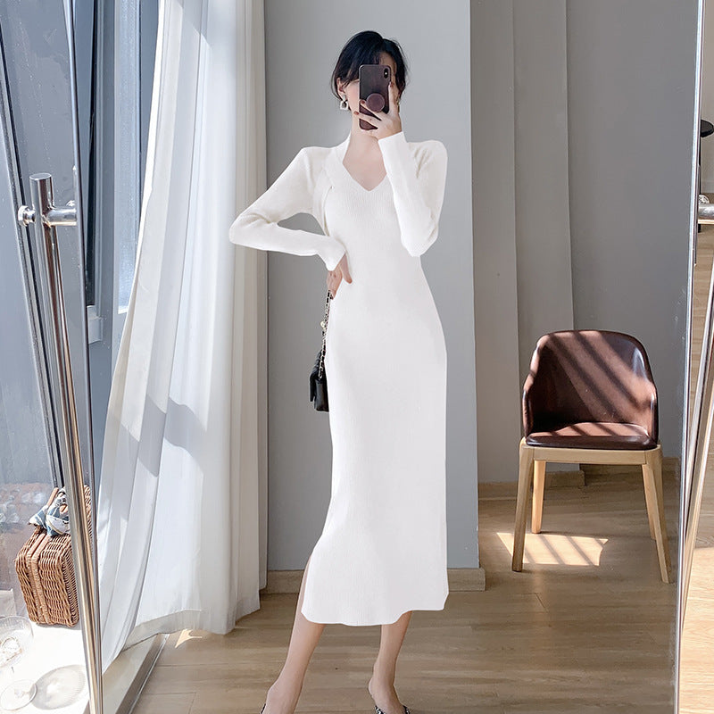 Damen Strickkleid V-Ausschnitt Seitenschlitze Norvielle