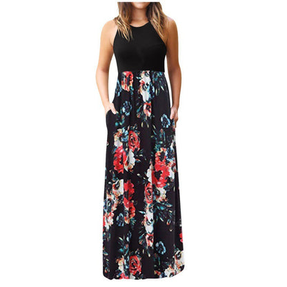 Damen Maxikleid Floralmuster Baumwolle Beige