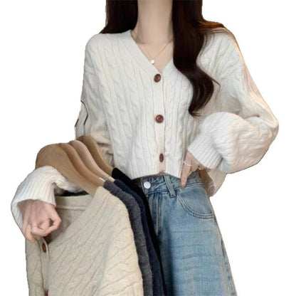 Damen Grobstrick Cardigan Knöpfe V-Ausschnitt Beige