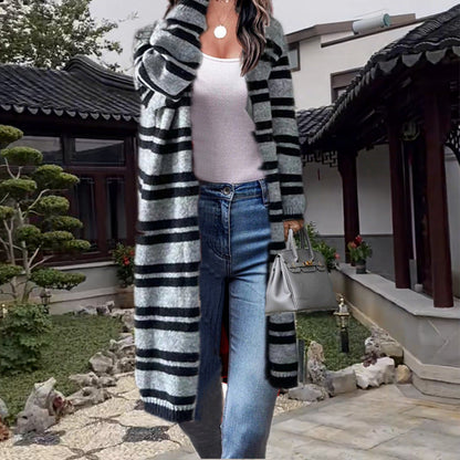Damen Grobstrick-Cardigan Breite Streifen Lässig Norvielle