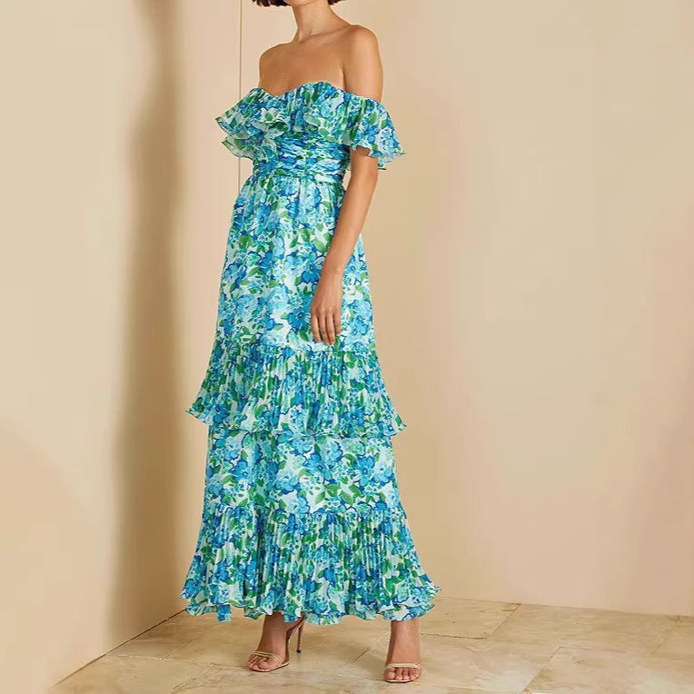 Damen Maxi-Kleid Voluminöse Rüschen Florales Design - Norvielle