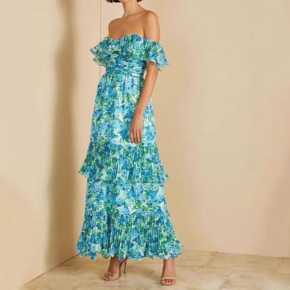 Damen Maxi-Kleid Voluminöse Rüschen Florales Design - Norvielle