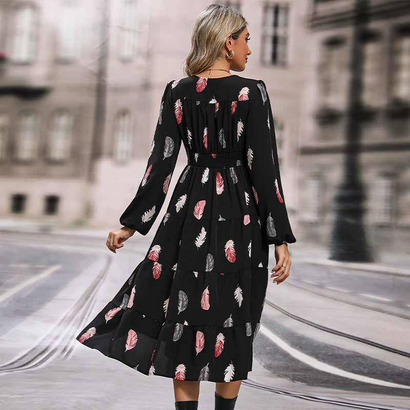 Damen Maxikleid Langarm Tropisches Federdesign Knöpfe Norvielle