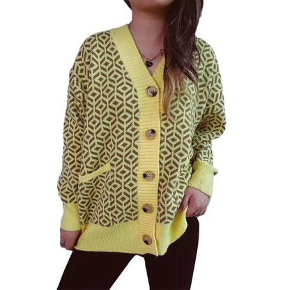 Damen Strickjacke Geometrisches Muster Goldton Norvielle