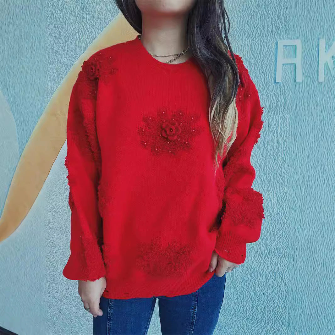 Damen Pullover mit Floralmuster Strukturiertes Strickdesign Beige - Norvielle