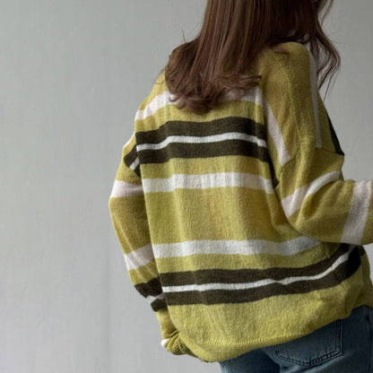 Damen Grobgestrickter Pullover Polo-Kragen Blockstreifen