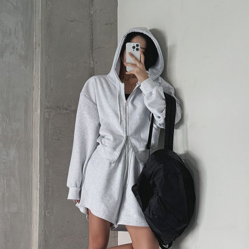 Damen Sportliches Loungewear-Set Kapuzenjacke Shorts