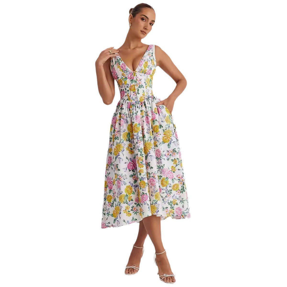 Damen Midikleid Floralmuster V-Ausschnitt Norvielle