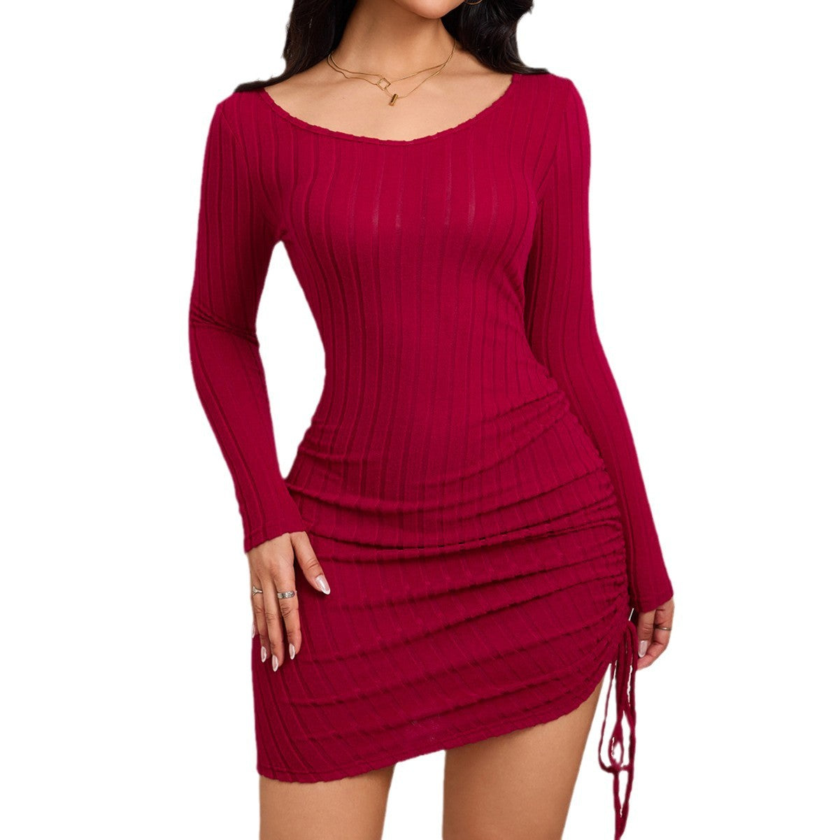 Damen Minikleid Figurbetont Raffung U-Boot-Ausschnitt