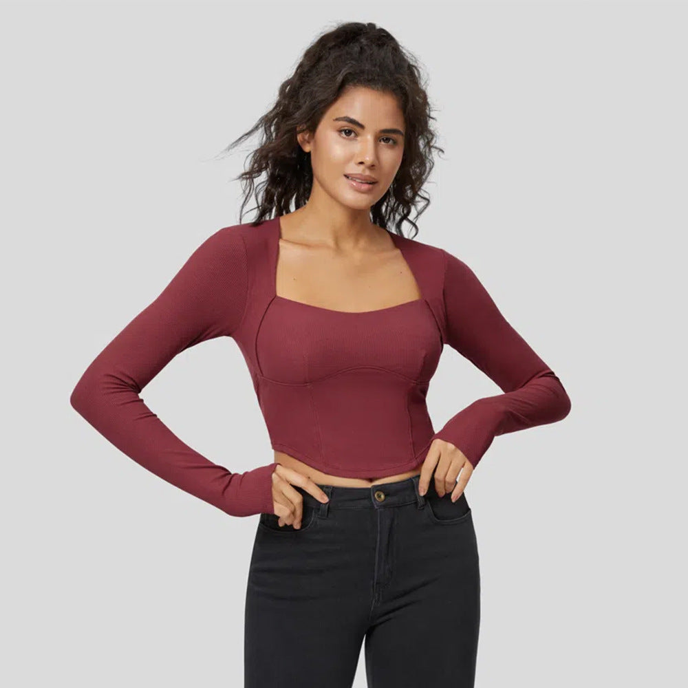 Damen Langarm Crop Rippstoff Quadrat-Ausschnitt Schwarz - Norvielle