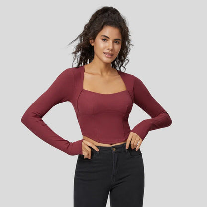 Damen Langarm Crop Rippstoff Quadrat-Ausschnitt Schwarz - Norvielle