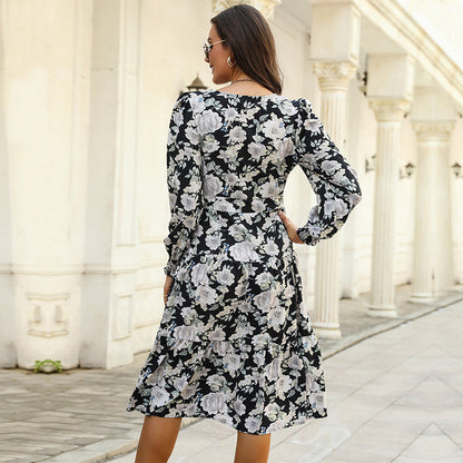 Damen Blumenkleid Rüschendetails Knopfleiste Norvielle