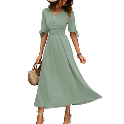 Damen Maxikleid mit Taillengürtel und Knöpfen