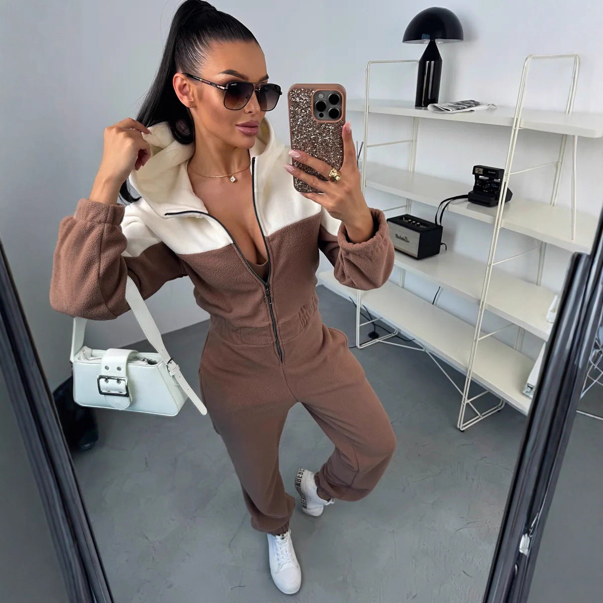Damen Fleece-Overall mit Reißverschluss und Kapuze
