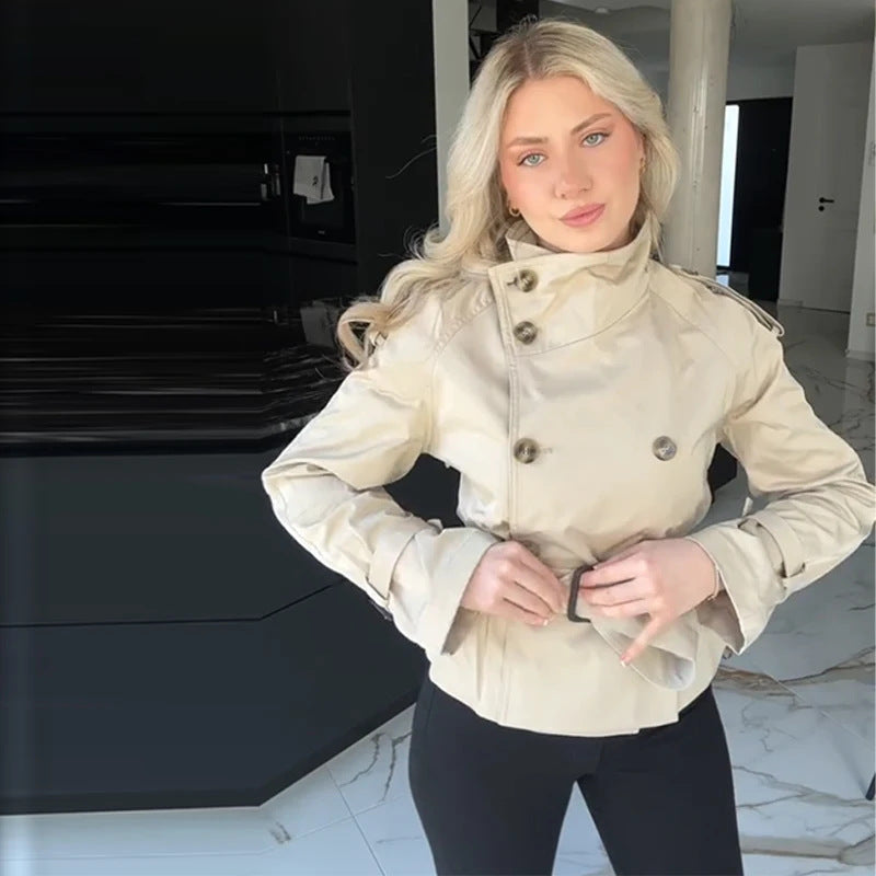 Damen Kurztrenchjacke Doppelter Knopfverschluss Taillengürtel