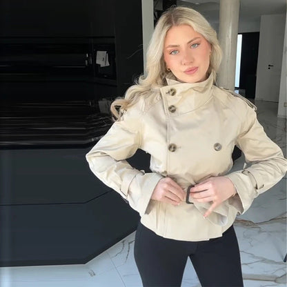 Damen Kurztrenchjacke Doppelter Knopfverschluss Taillengürtel