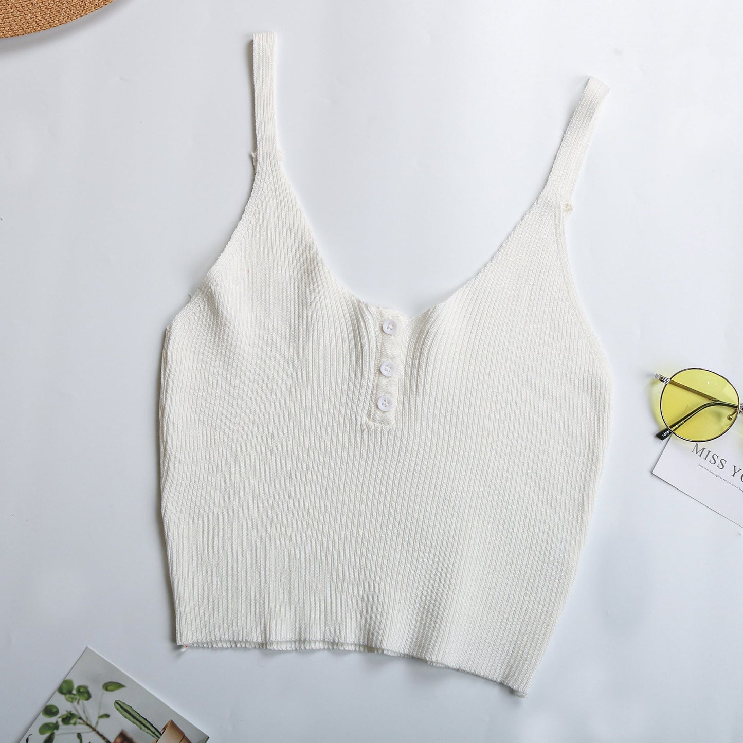 Damen Rippstricktop Ärmellos Knopfleiste Beige