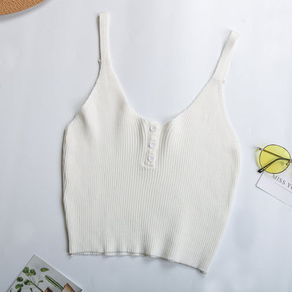 Damen Rippstricktop Ärmellos Knopfleiste Beige