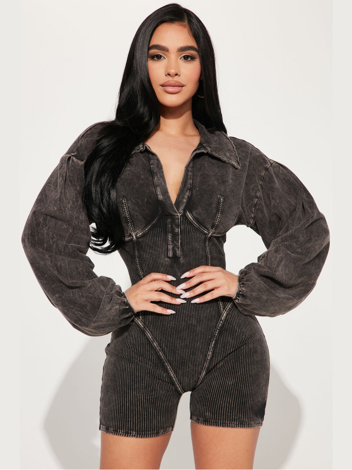 Damen Jumpsuit Puffärmel Rippstruktur Norvielle