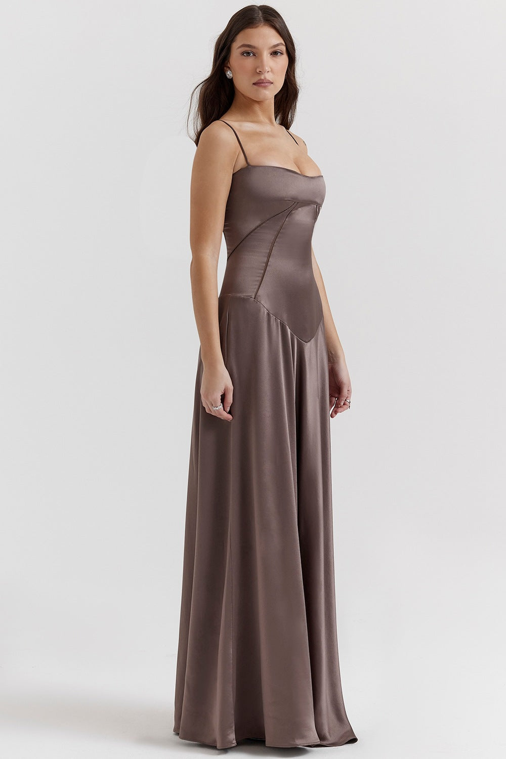 Damen Satin Maxikleid mit Trägern Figurbetont