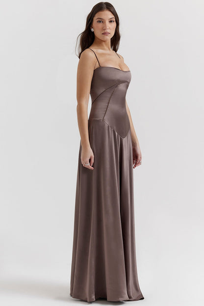 Damen Satin Maxikleid mit Trägern Figurbetont