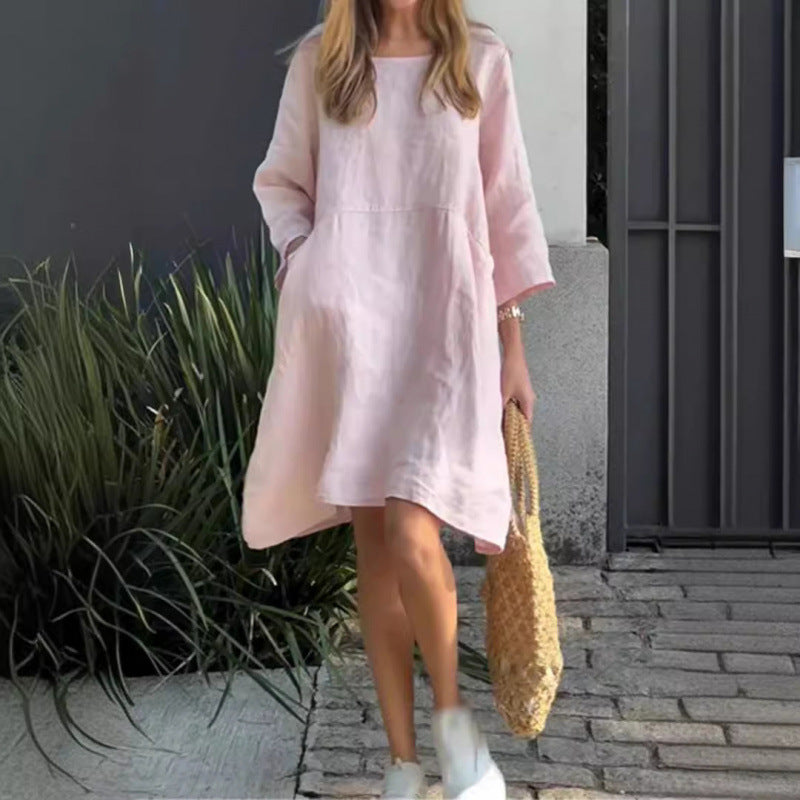 Norvielle Damen Einfaches Baumwollkleid Mit Taschen