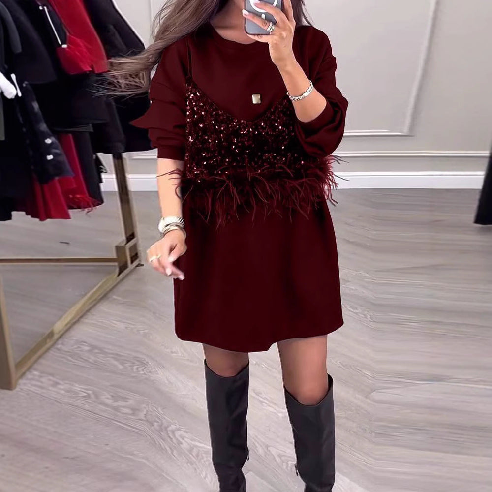 Damen Sweatkleid mit Pailletten und Federn Norvielle