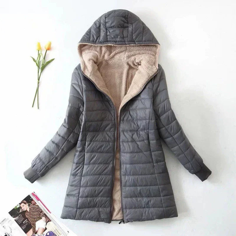 Damen Pufferjacke Mittellang Wattiert Kapuze Plüschfutter