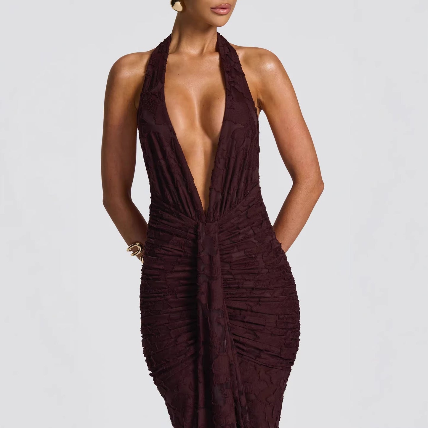 Damen Abendkleid V-Ausschnitt Geraffte Seide