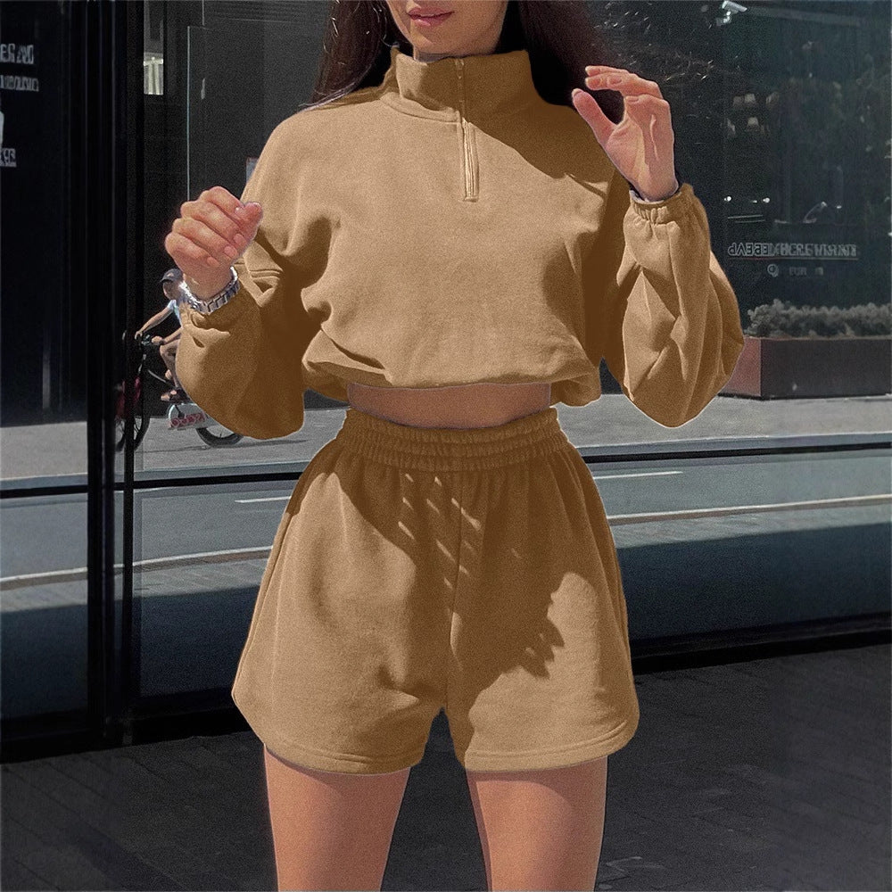 Damen Sportoberteil Cropped Kapuzenpulli mit kurzen Hosen