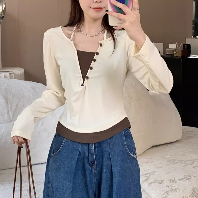 Damen Langarmshirt Moderner Knopfleistentwurf Baumwolle Weiß