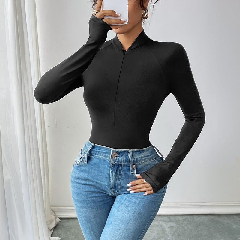 Damen Langarmshirt Reißverschluss V-Ausschnitt Norvielle