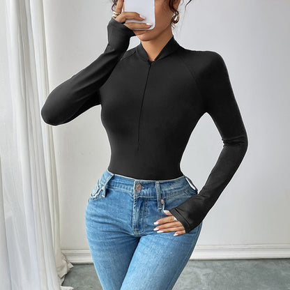 Damen Langarmshirt Reißverschluss V-Ausschnitt Norvielle