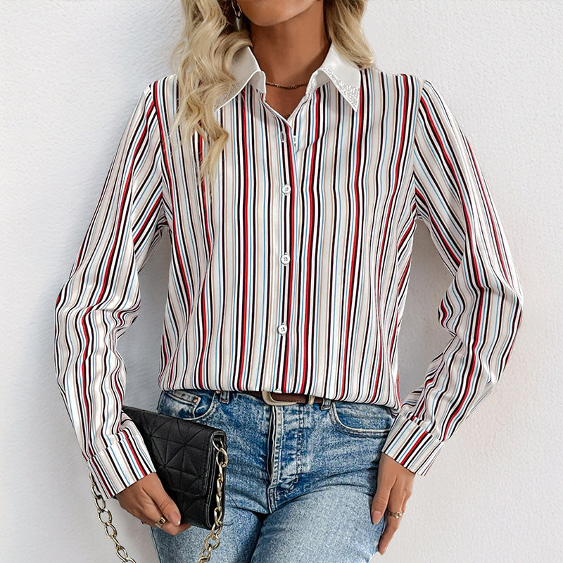 Damen Bluse Streifenmuster Eleganter Kragen Weiß