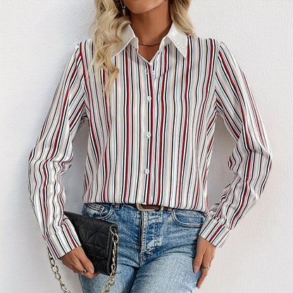 Damen Bluse Streifenmuster Eleganter Kragen Weiß