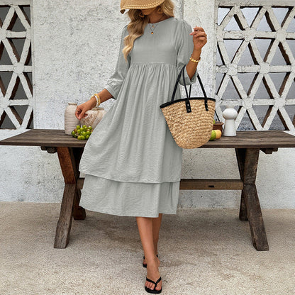 Damen Midi-Kleid Schwingrock Puffärmel Elegant Norvielle