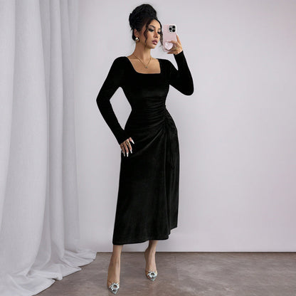 Damen Midi-Kleid Quadrat-Ausschnitt Rüschen-Detail