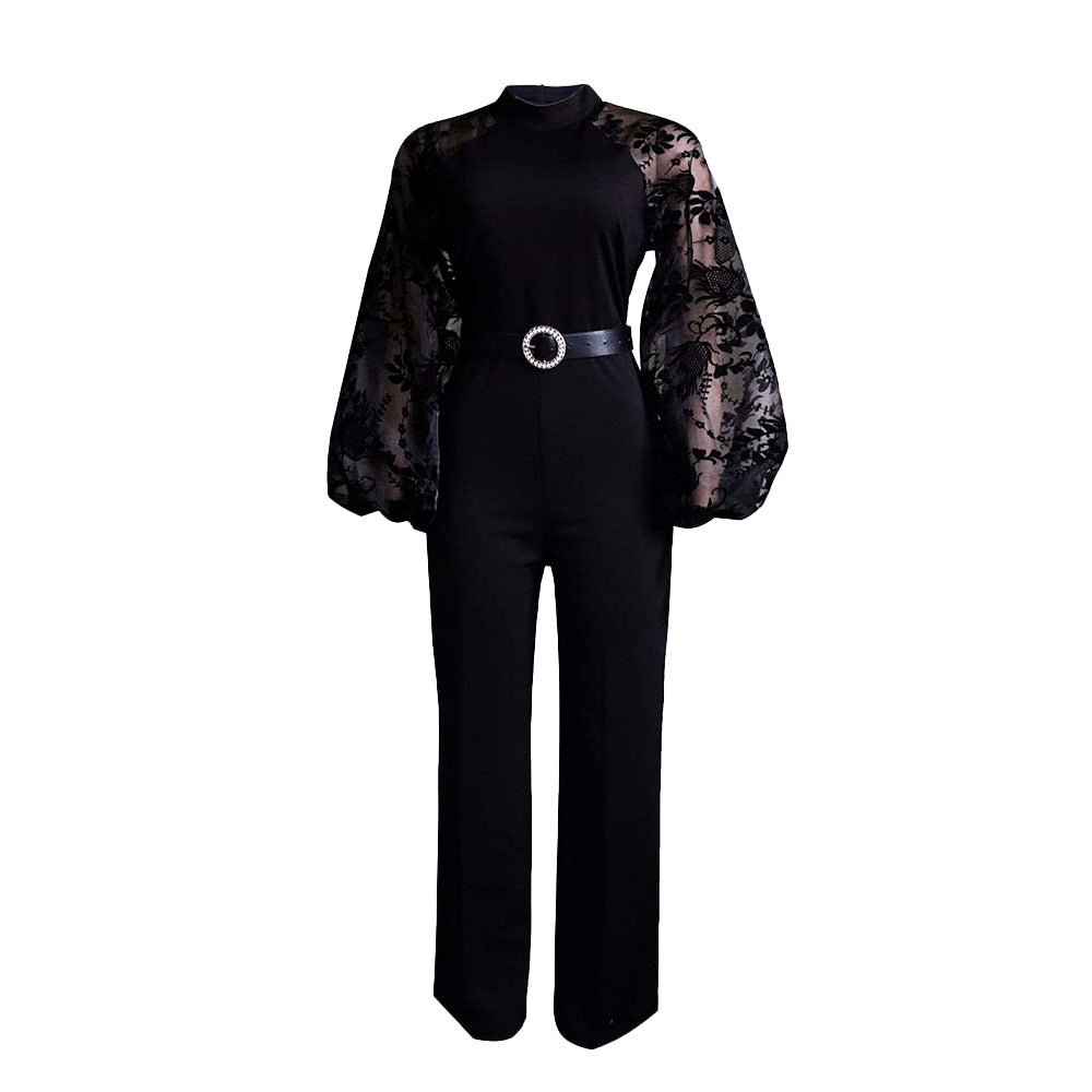 Damen Jumpsuit Puffärmel Taillengürtel Elegant