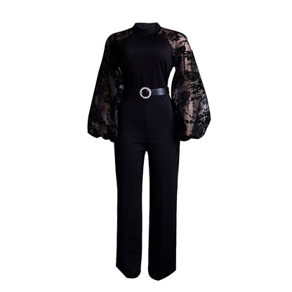 Damen Jumpsuit Puffärmel Taillengürtel Elegant