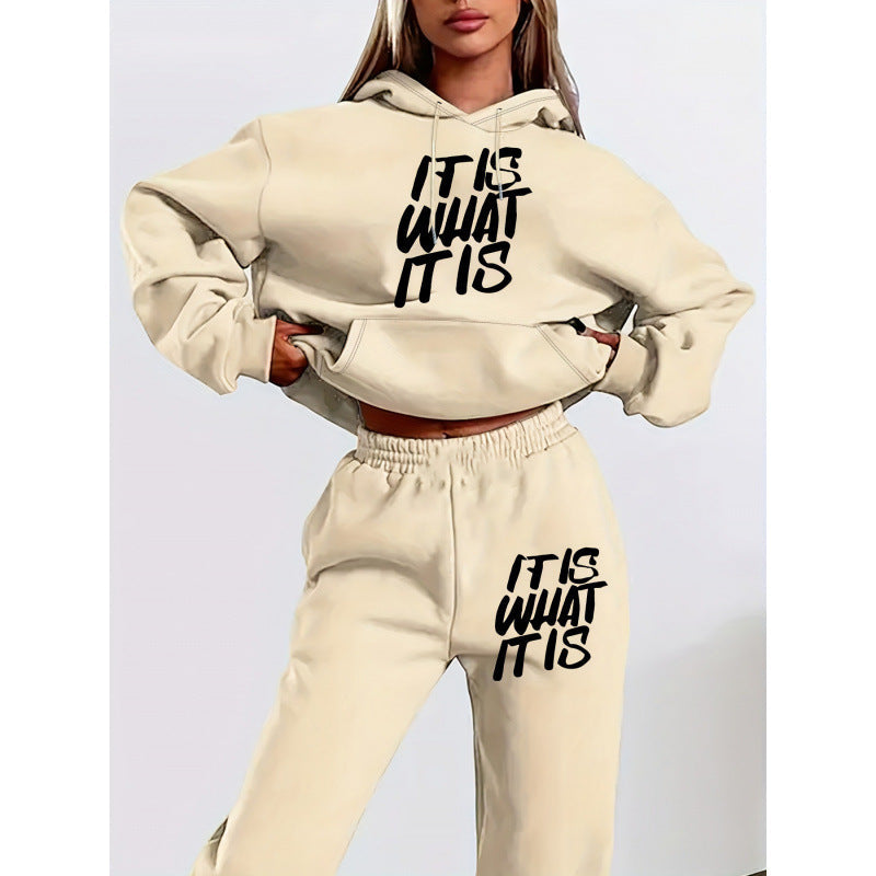 Damen Hoodie Jogginghose Set Baumwolle Mit Schriftzug Anthrazit
